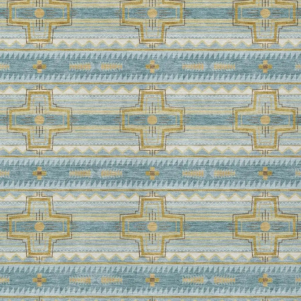 10' X 14' Teal Blue And Gold Tribal Washable Indoor Outdoor Area Rug Homeroots Outdoor