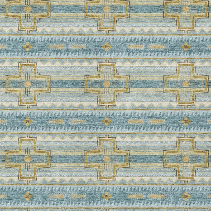 10' X 14' Teal Blue And Gold Tribal Washable Indoor Outdoor Area Rug Homeroots Outdoor