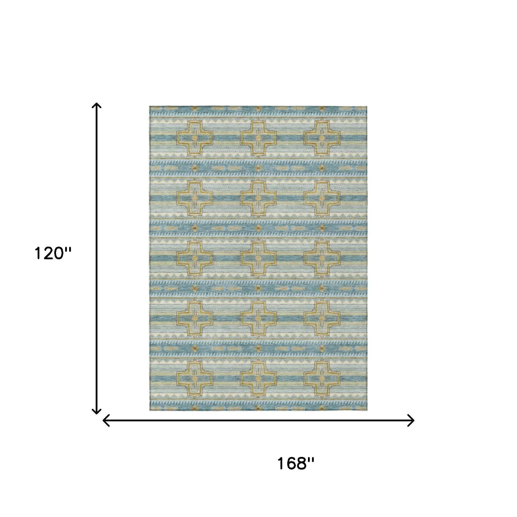 10' X 14' Teal Blue And Gold Tribal Washable Indoor Outdoor Area Rug Homeroots Outdoor