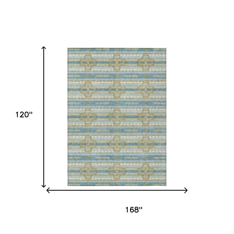 10' X 14' Teal Blue And Gold Tribal Washable Indoor Outdoor Area Rug Homeroots Outdoor