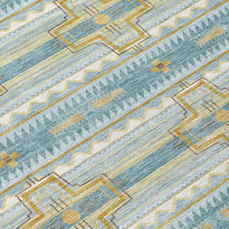 10' X 14' Teal Blue And Gold Tribal Washable Indoor Outdoor Area Rug Homeroots Outdoor