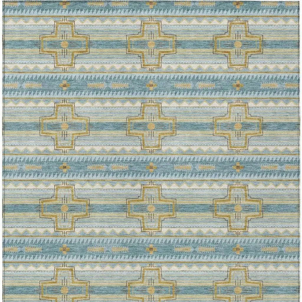 10' X 14' Teal Blue And Gold Tribal Washable Indoor Outdoor Area Rug Homeroots Outdoor