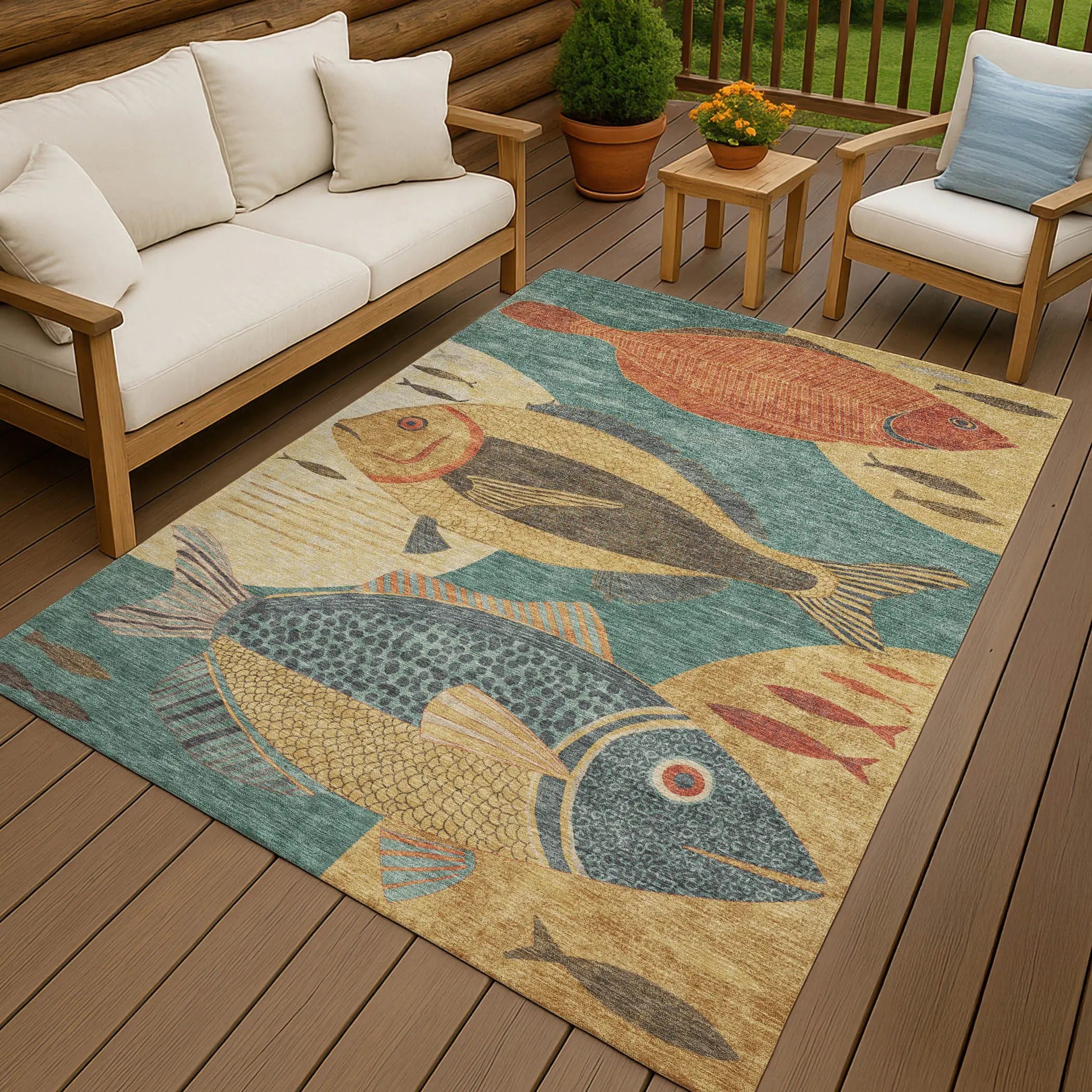10' X 14' Teal Blue And Gold Tropical Fish Washable Indoor Outdoor Area Rug Homeroots Outdoor
