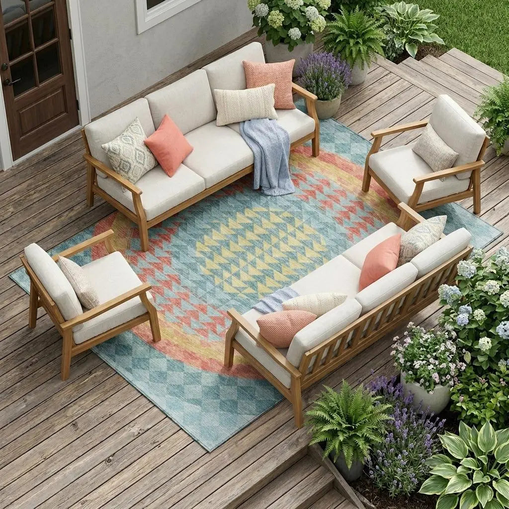 10' X 14' Teal Blue And Granite Gray Geometric Washable Indoor Outdoor Area Rug Homeroots Outdoor