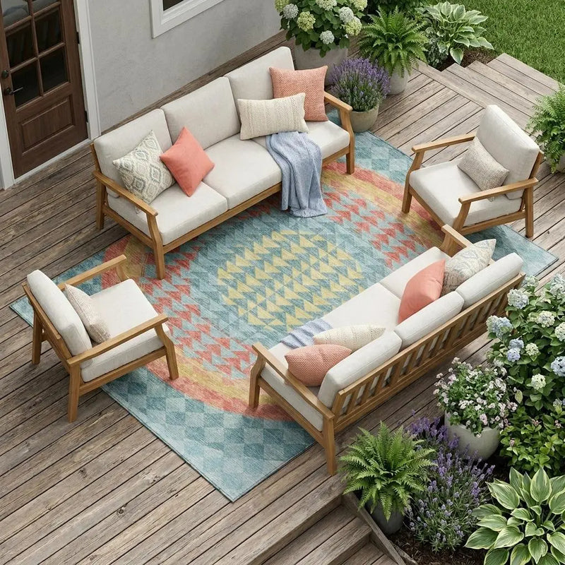 10' X 14' Teal Blue And Granite Gray Geometric Washable Indoor Outdoor Area Rug Homeroots Outdoor