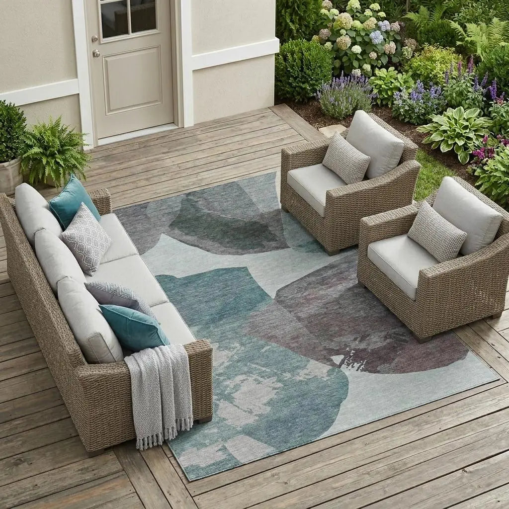10' X 14' Teal Blue And Graphite Abstract Washable Indoor Outdoor Area Rug Homeroots Outdoor