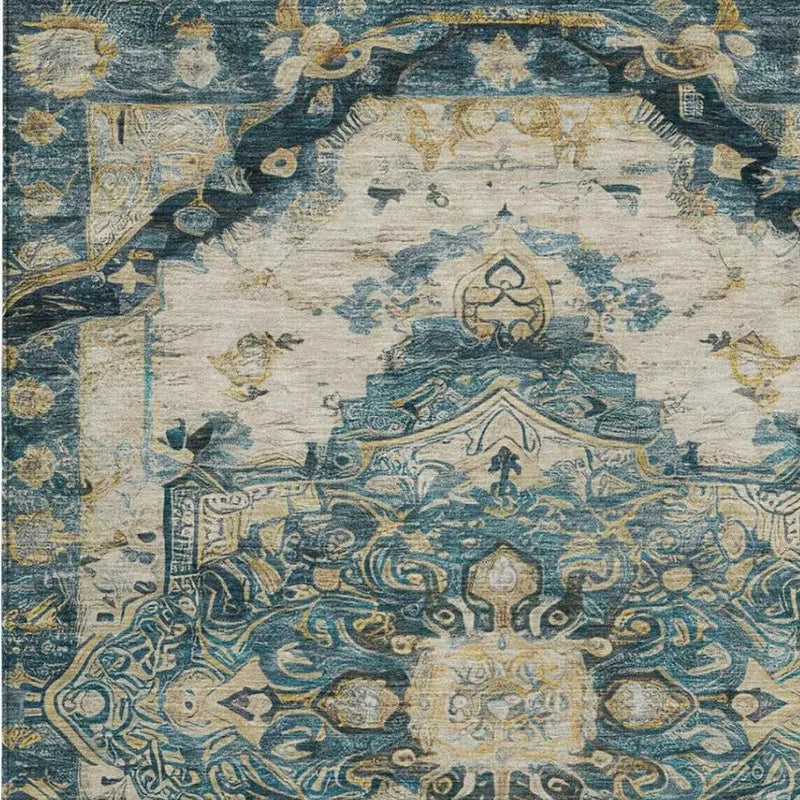 10' X 14' Teal Blue And Graphite Floral Medallion Washable Indoor Outdoor Area Rug Homeroots Outdoor