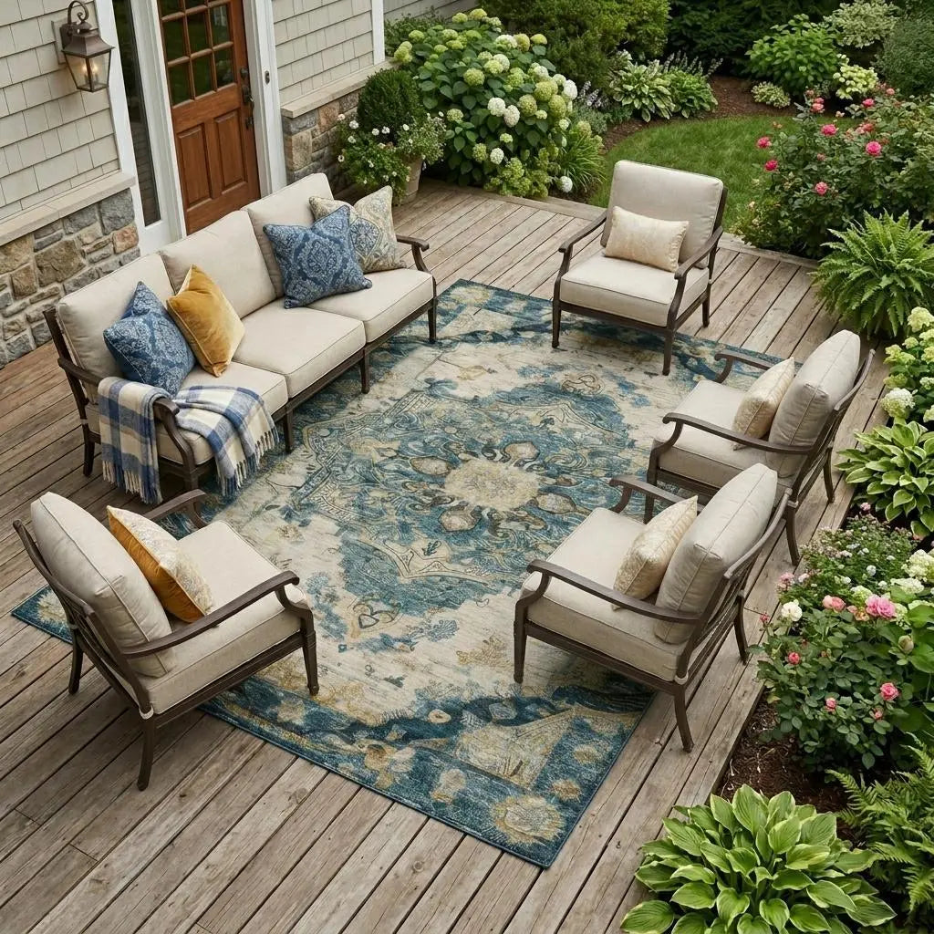 10' X 14' Teal Blue And Graphite Floral Medallion Washable Indoor Outdoor Area Rug Homeroots Outdoor
