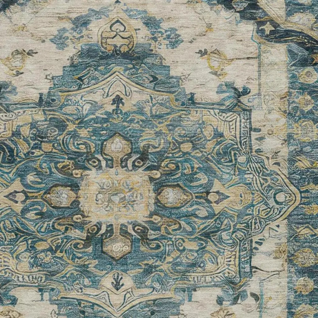 10' X 14' Teal Blue And Graphite Floral Medallion Washable Indoor Outdoor Area Rug Homeroots Outdoor