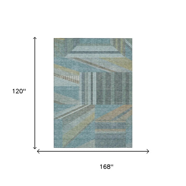 10' X 14' Teal Blue And Graphite Geometric Washable Indoor Outdoor Area Rug Homeroots Outdoor