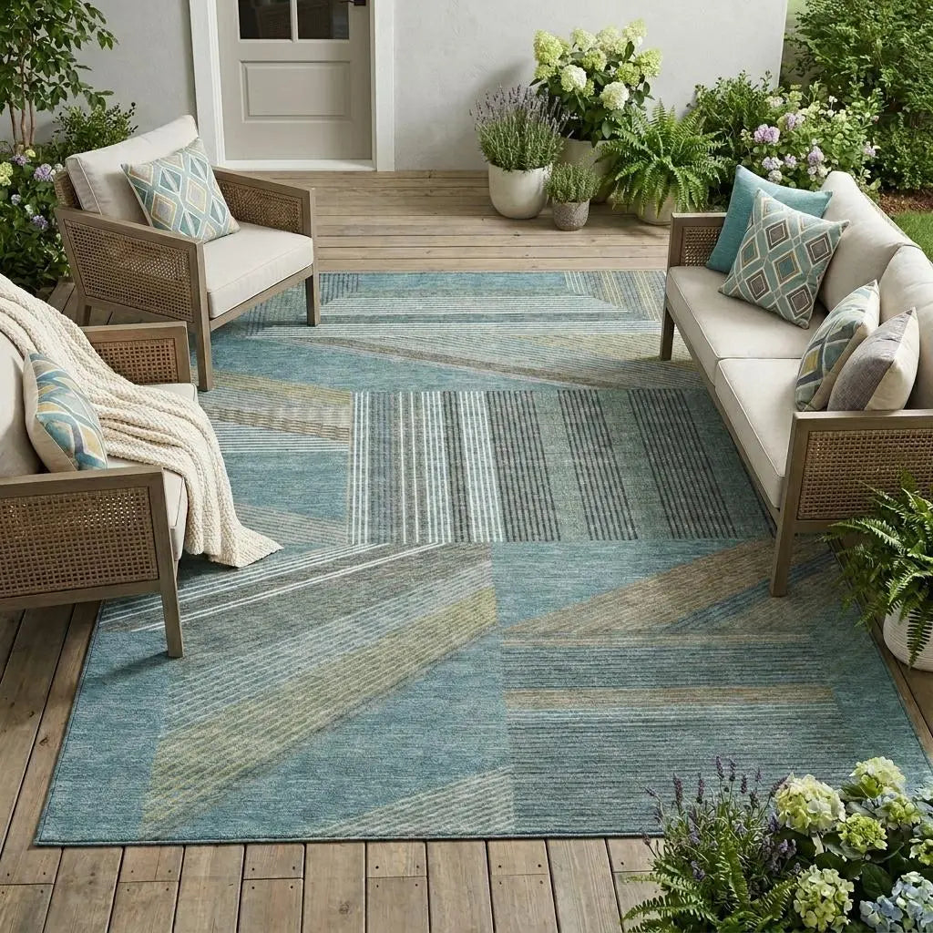 10' X 14' Teal Blue And Graphite Geometric Washable Indoor Outdoor Area Rug Homeroots Outdoor