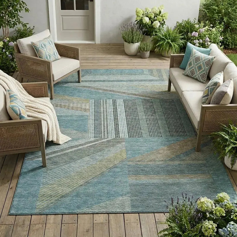 10' X 14' Teal Blue And Graphite Geometric Washable Indoor Outdoor Area Rug Homeroots Outdoor
