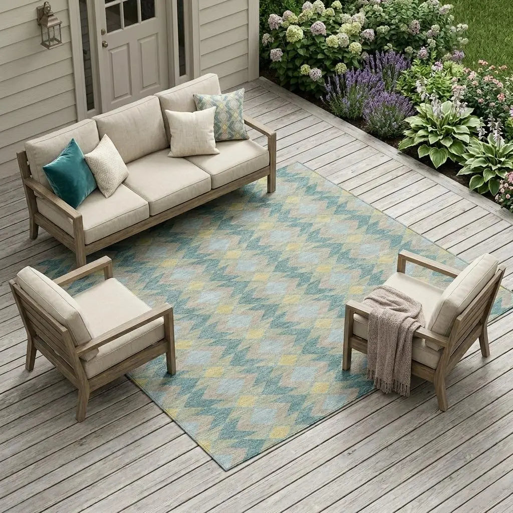 10' X 14' Teal Blue And Graphite Geometric Washable Indoor Outdoor Area Rug Homeroots Outdoor