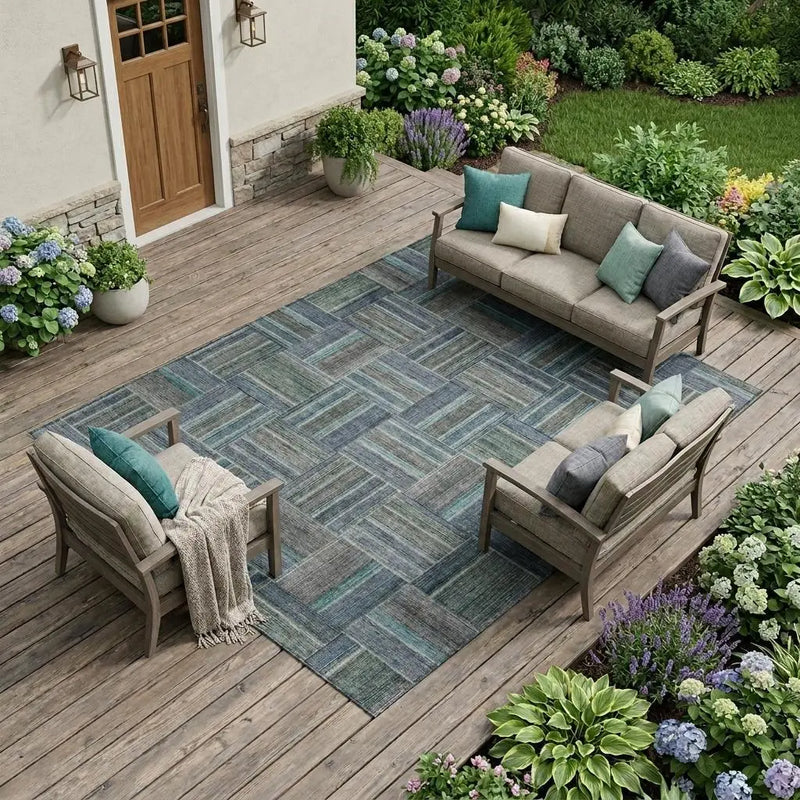 10' X 14' Teal Blue And Graphite Geometric Washable Indoor Outdoor Area Rug Homeroots Outdoor