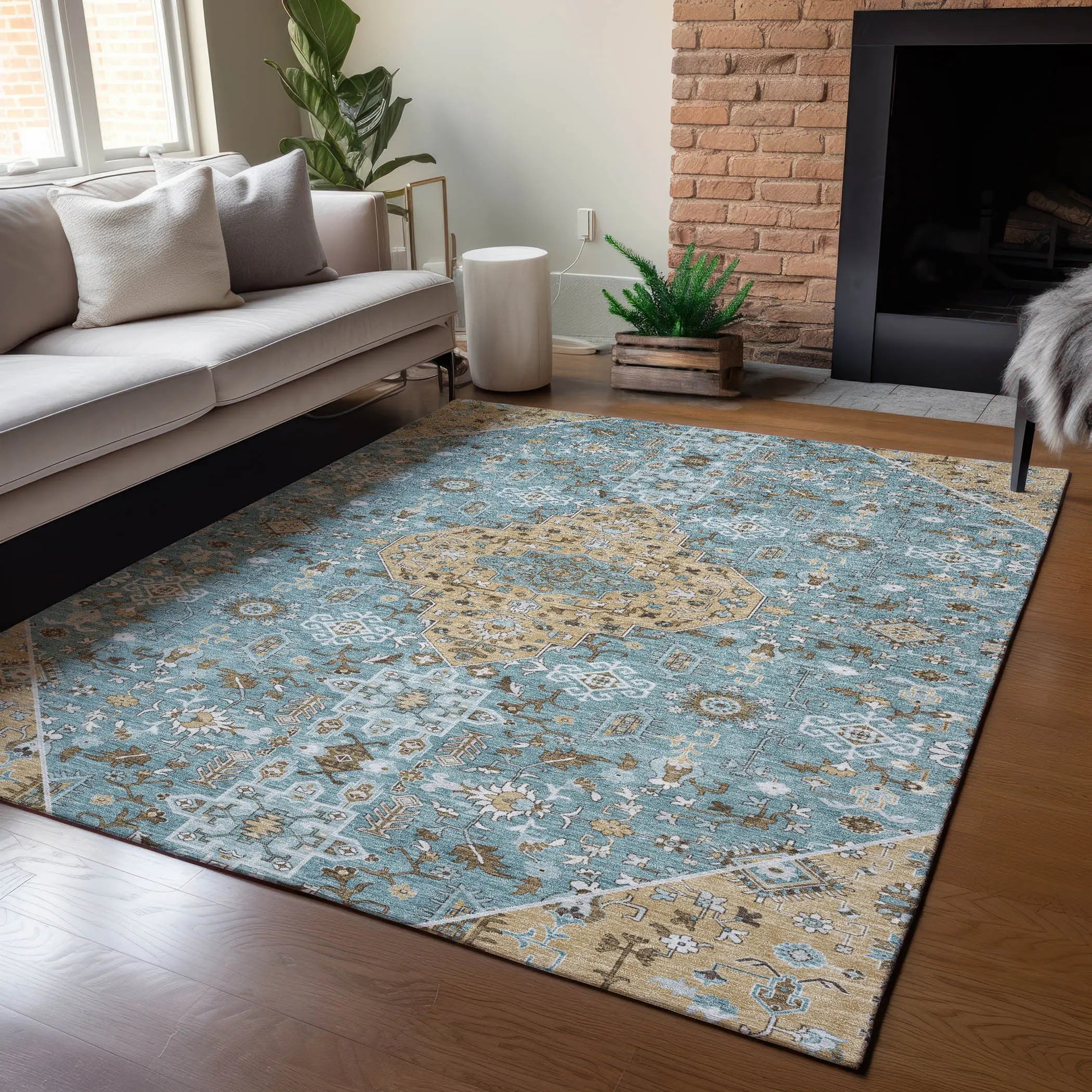 10' X 14' Teal Blue And Graphite Medallion Washable Indoor Outdoor Area Rug Homeroots Outdoor