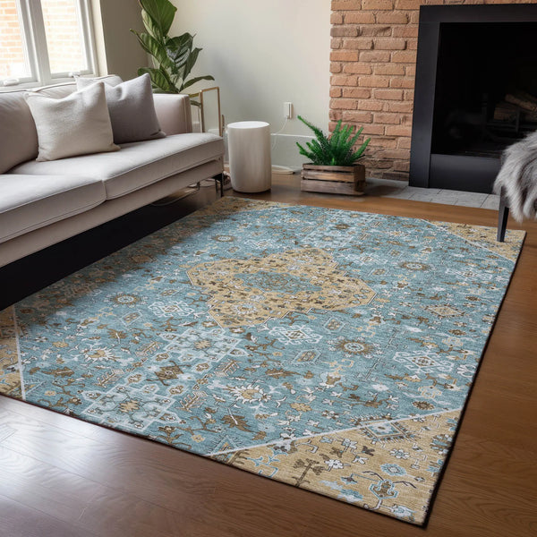 10' X 14' Teal Blue And Graphite Medallion Washable Indoor Outdoor Area Rug Homeroots Outdoor