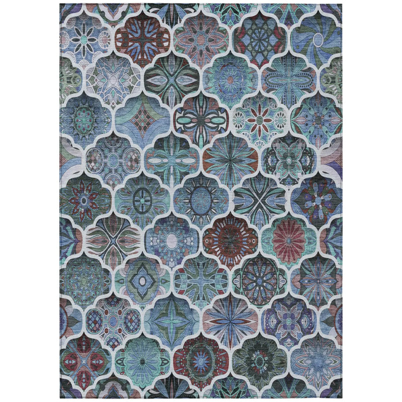 10' X 14' Teal Blue And Graphite Ogee Washable Indoor Outdoor Area Rug Homeroots Outdoor