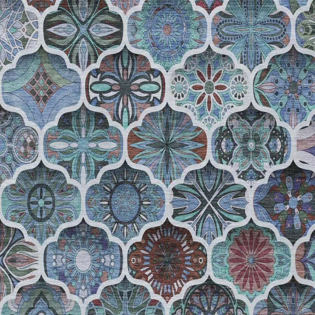 10' X 14' Teal Blue And Graphite Ogee Washable Indoor Outdoor Area Rug Homeroots Outdoor