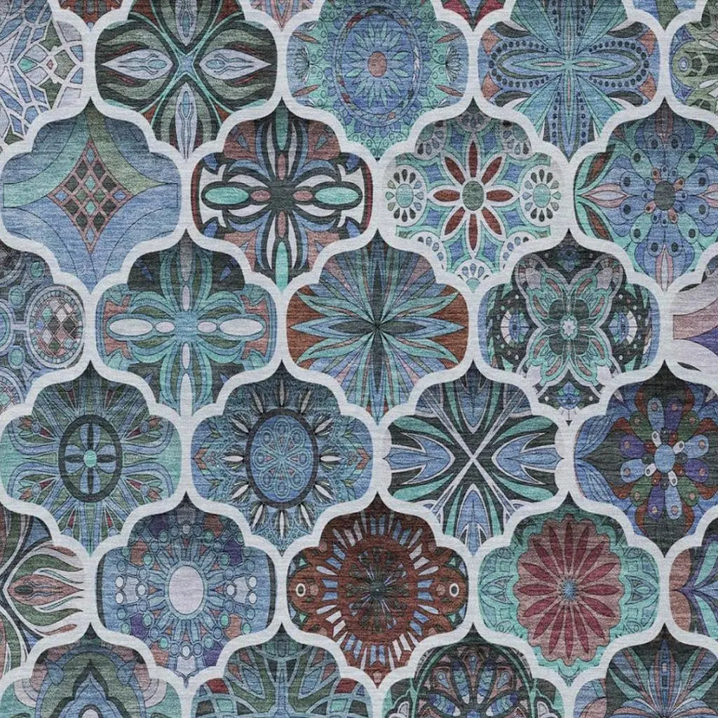 10' X 14' Teal Blue And Graphite Ogee Washable Indoor Outdoor Area Rug Homeroots Outdoor