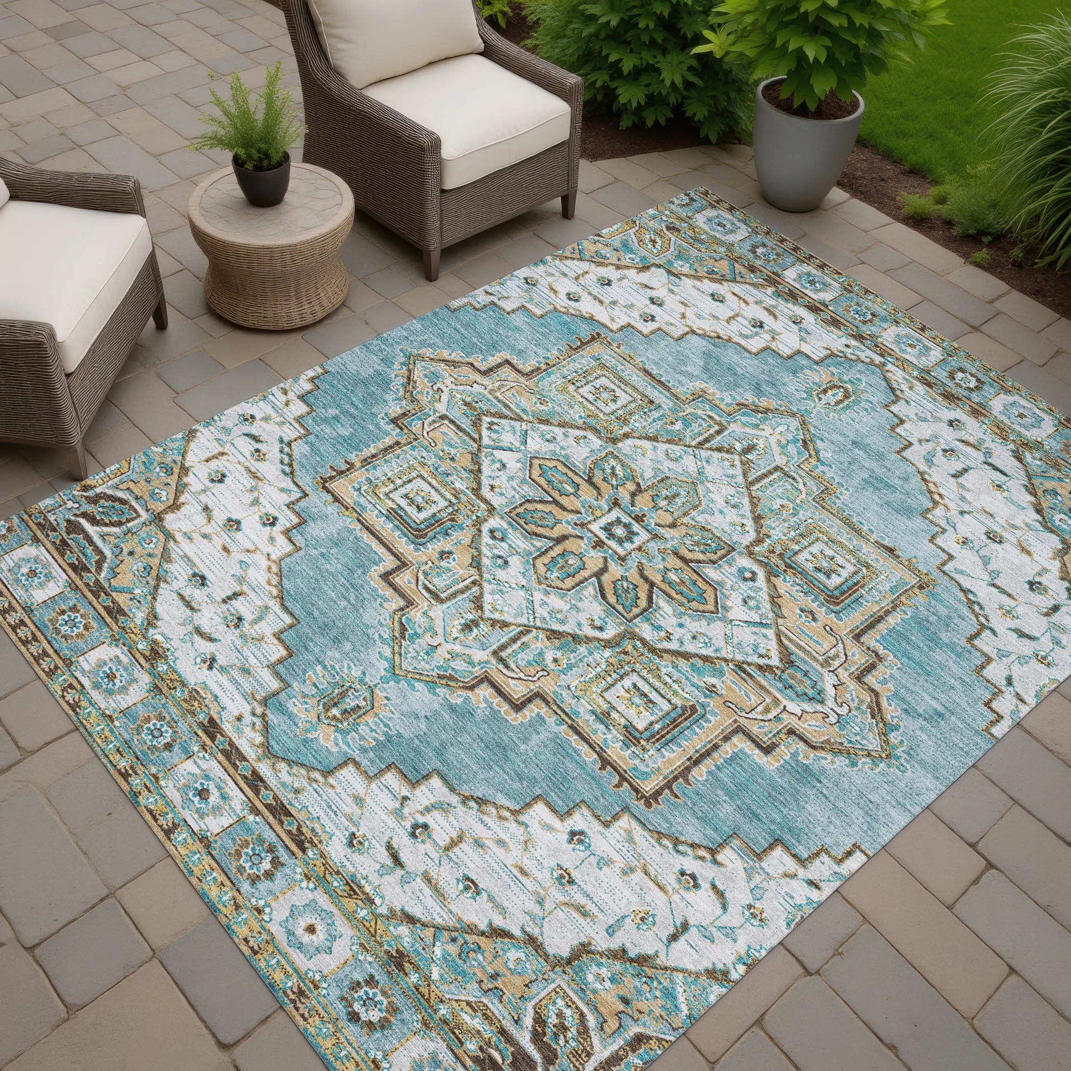 10' X 14' Teal Blue And Graphite Oriental Washable Indoor Outdoor Area Rug Homeroots Outdoor
