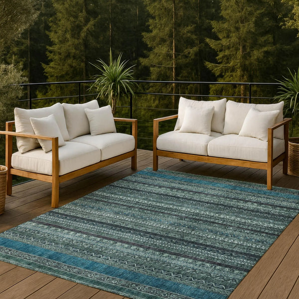 10' X 14' Teal Blue And Graphite Striped Washable Indoor Outdoor Area Rug Homeroots Outdoor