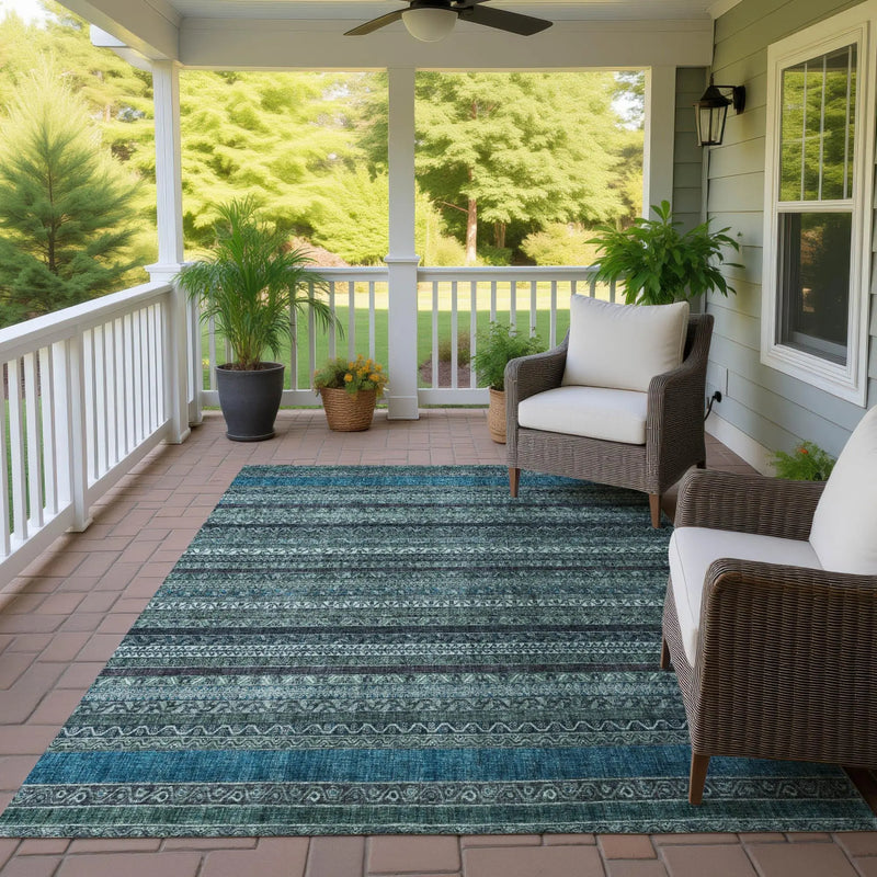 10' X 14' Teal Blue And Graphite Striped Washable Indoor Outdoor Area Rug Homeroots Outdoor