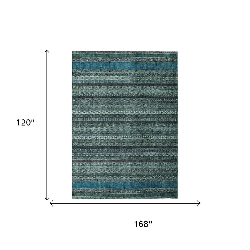 10' X 14' Teal Blue And Graphite Striped Washable Indoor Outdoor Area Rug Homeroots Outdoor