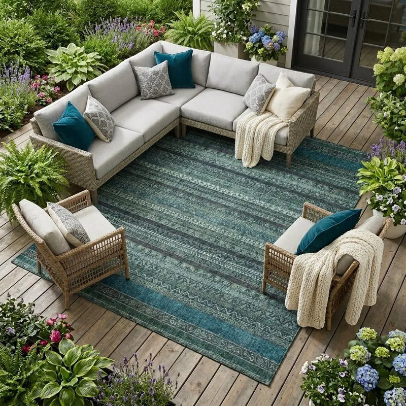 10' X 14' Teal Blue And Graphite Striped Washable Indoor Outdoor Area Rug Homeroots Outdoor