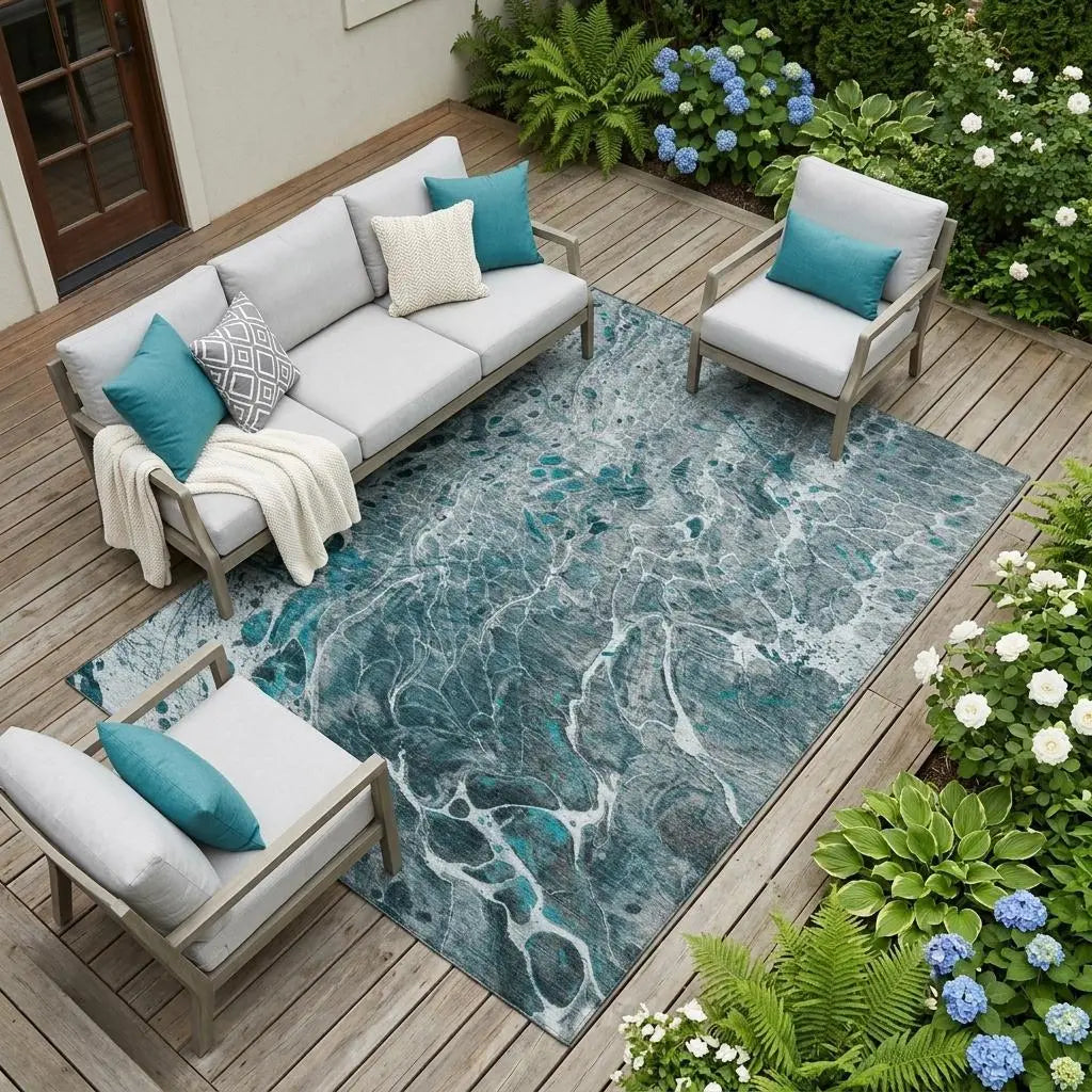 10' X 14' Teal Blue And Gray Abstract Washable Indoor Outdoor Area Rug Homeroots Outdoor