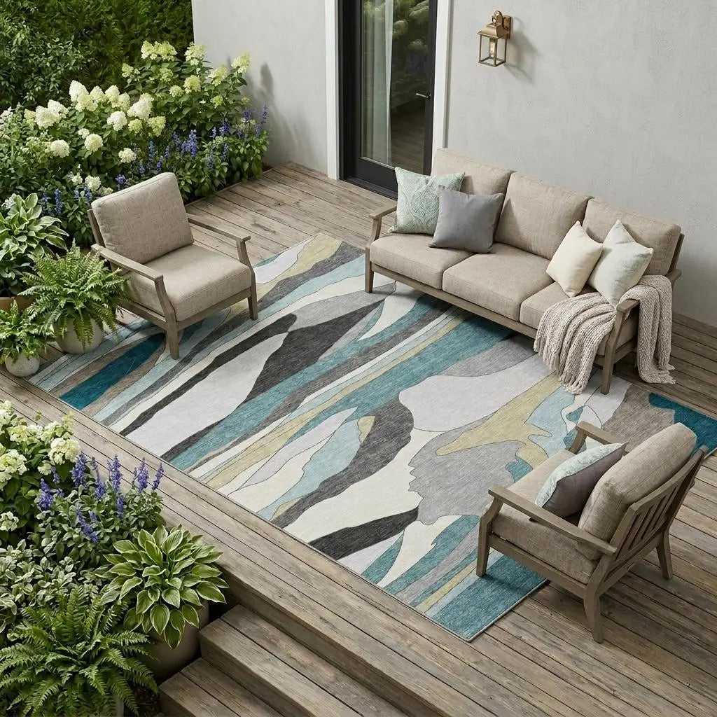10' X 14' Teal Blue And Gray Abstract Washable Indoor Outdoor Area Rug Homeroots Outdoor