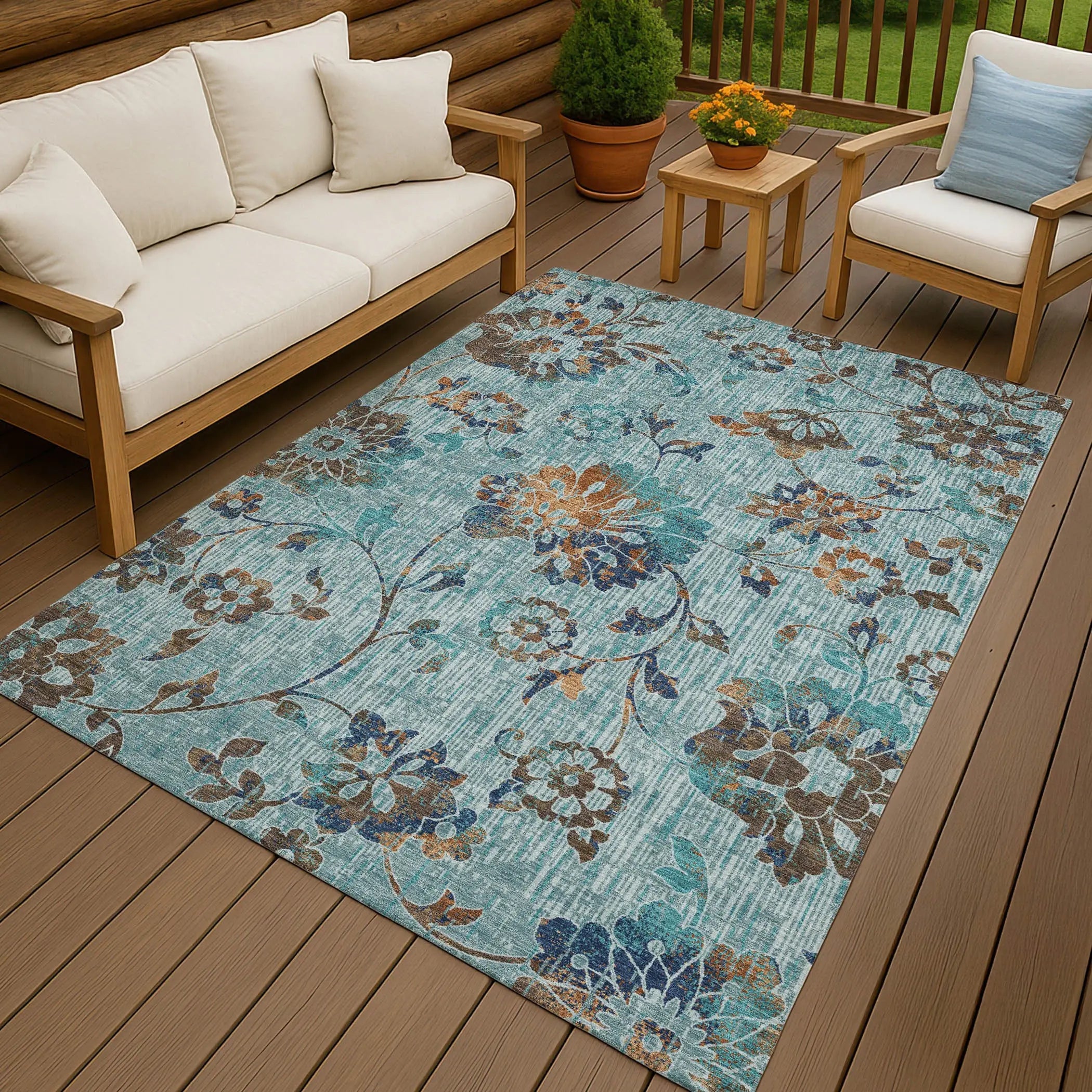 10' X 14' Teal Blue And Gray Floral Washable Indoor Outdoor Area Rug Homeroots Outdoor