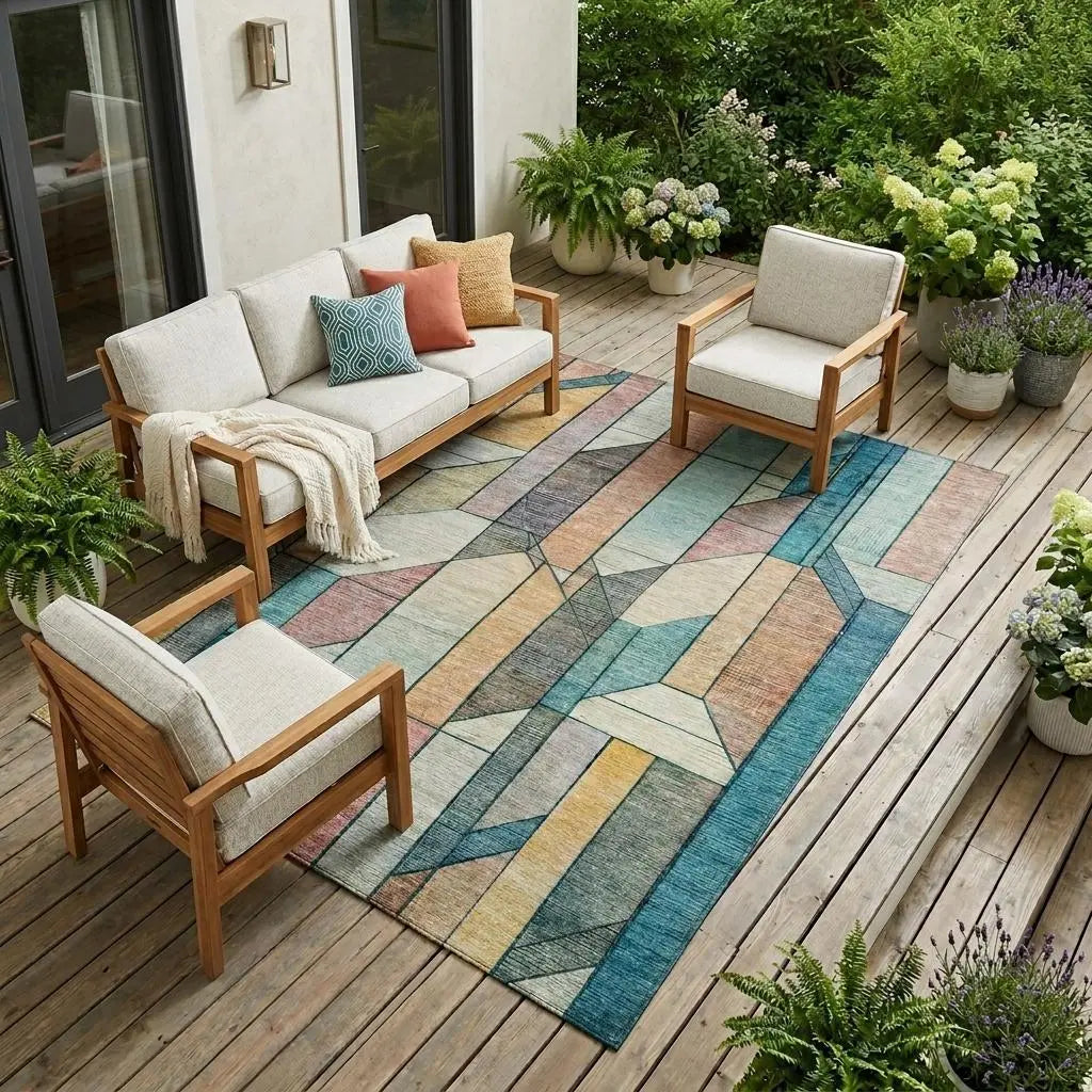 10' X 14' Teal Blue And Gray Geometric Washable Indoor Outdoor Area Rug Homeroots Outdoor