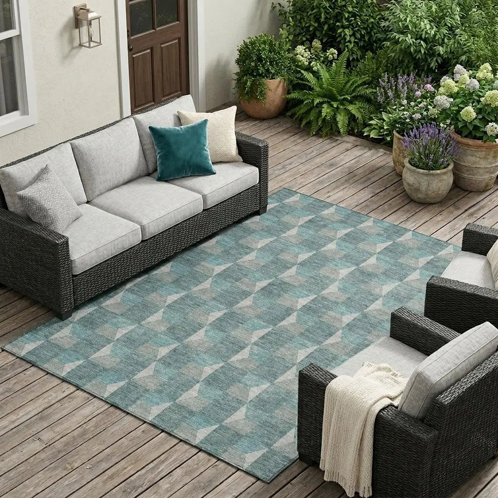 10' X 14' Teal Blue And Gray Geometric Washable Indoor Outdoor Area Rug Homeroots Outdoor