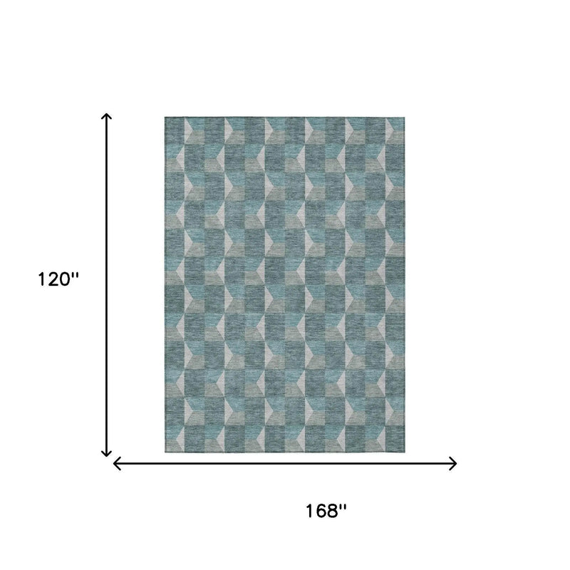 10' X 14' Teal Blue And Gray Geometric Washable Indoor Outdoor Area Rug Homeroots Outdoor