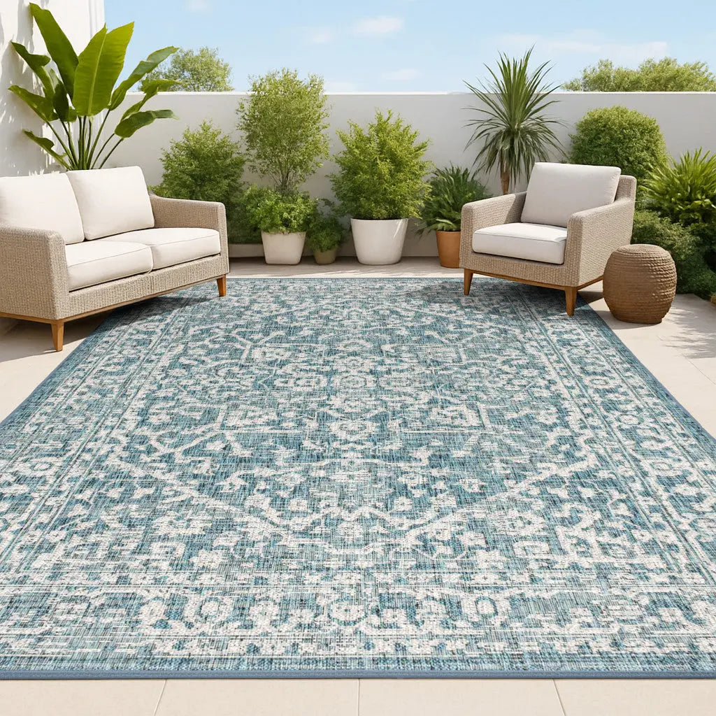 10' X 14' Teal Blue And Gray Medallion Indoor Outdoor Area Rug Homeroots Outdoor