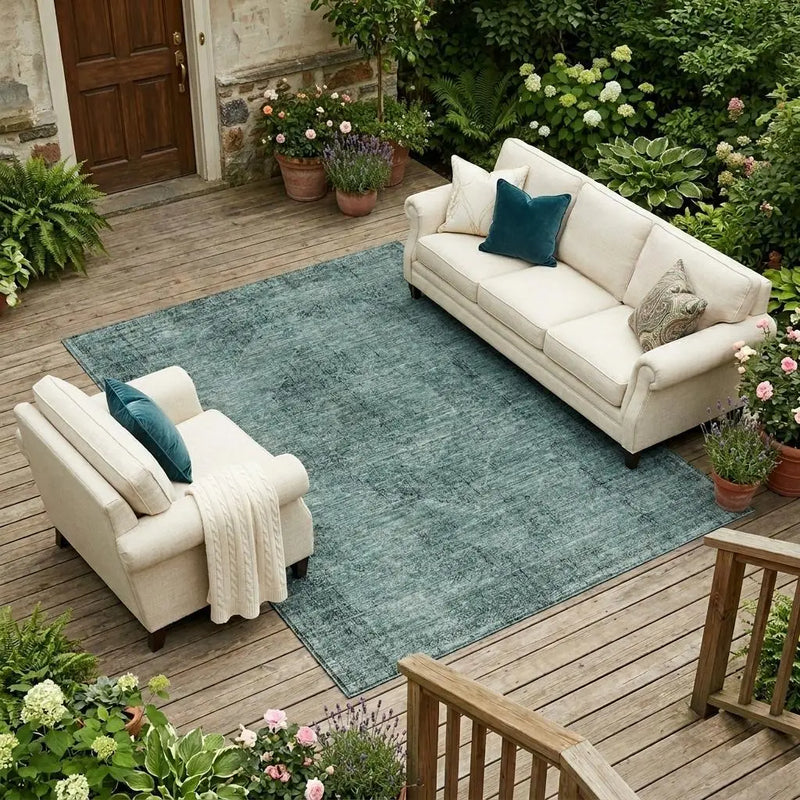 10' X 14' Teal Blue And Gray Oriental Washable Indoor Outdoor Area Rug Homeroots Outdoor