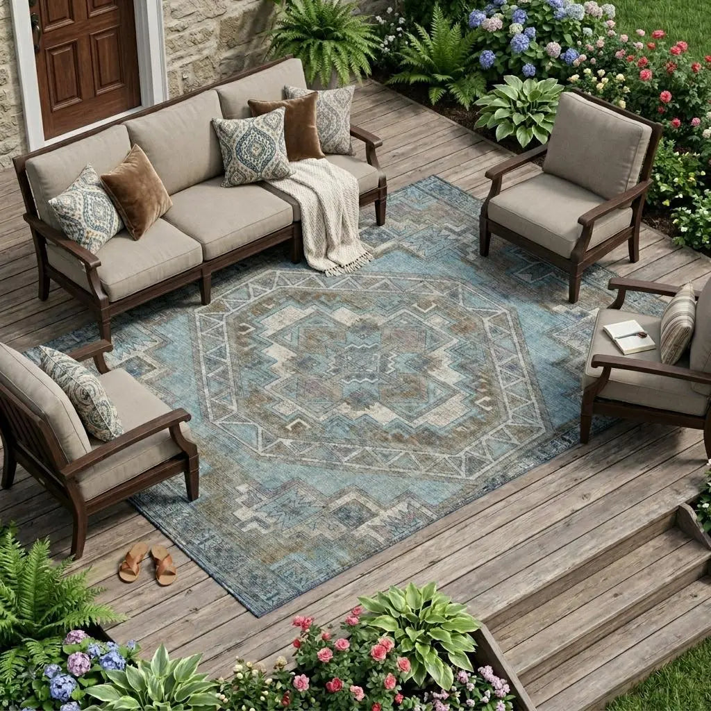 10' X 14' Teal Blue And Gray Southwestern Washable Indoor Outdoor Area Rug Homeroots Outdoor
