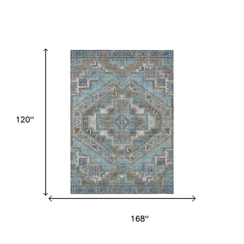 10' X 14' Teal Blue And Gray Southwestern Washable Indoor Outdoor Area Rug Homeroots Outdoor