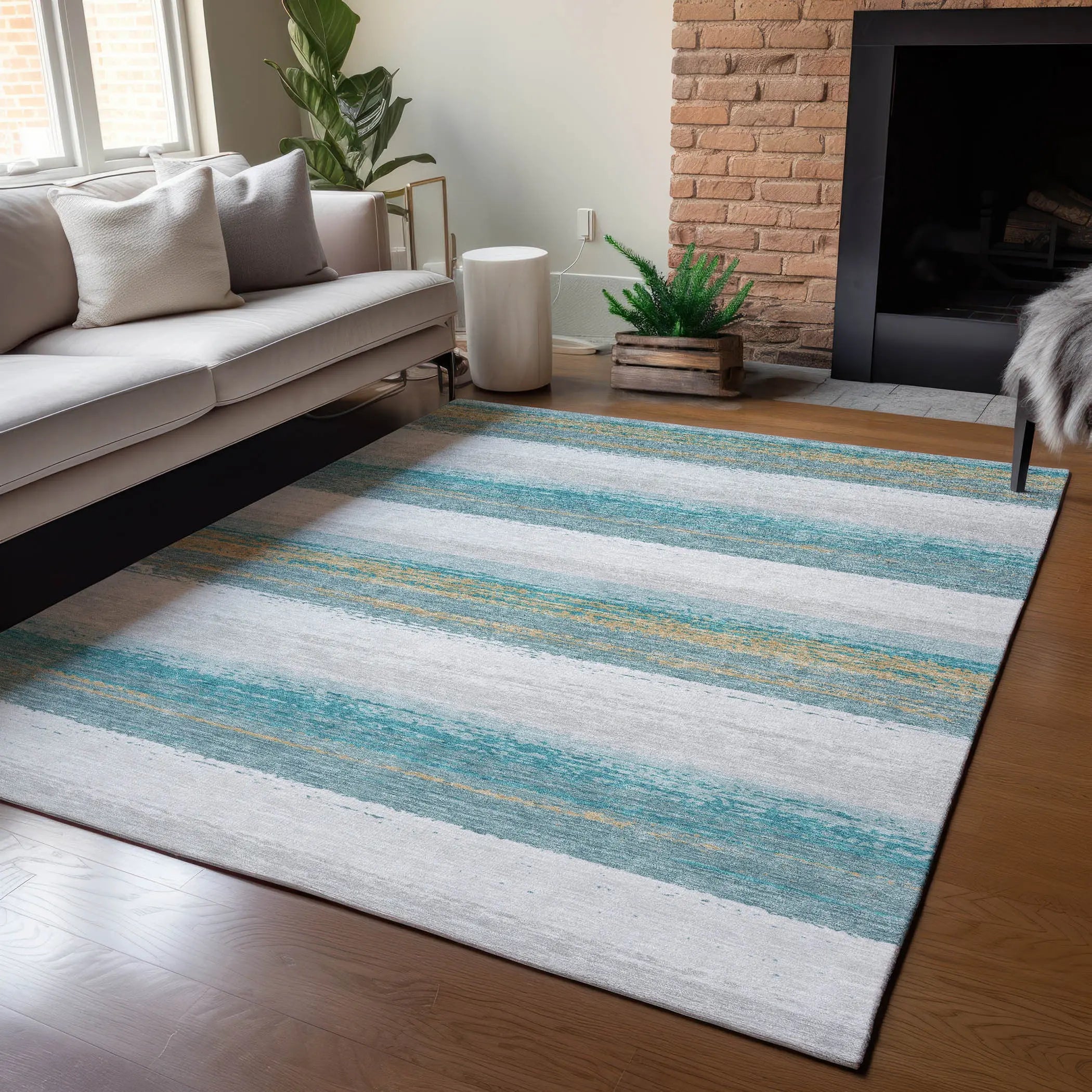 10' X 14' Teal Blue And Gray Striped Washable Indoor Outdoor Area Rug Homeroots Outdoor