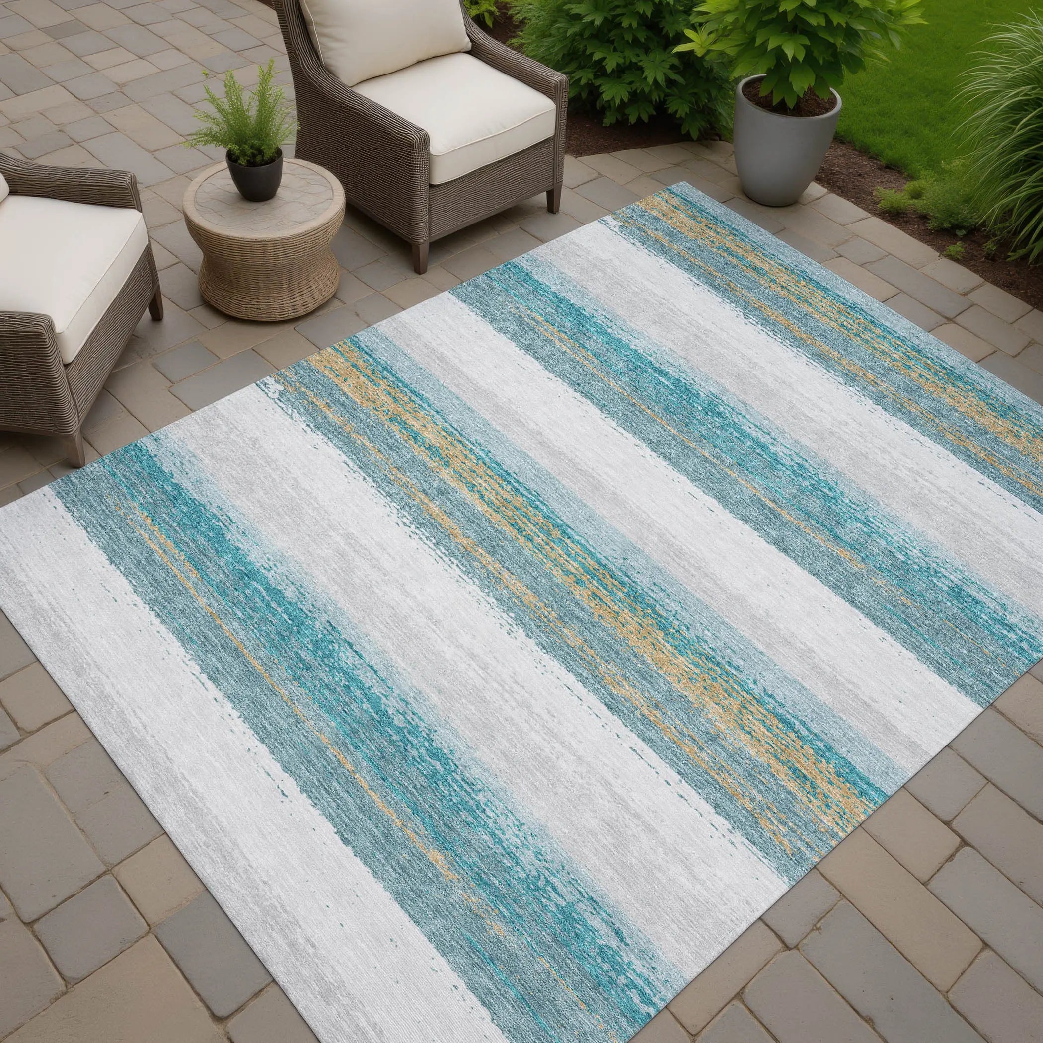 10' X 14' Teal Blue And Gray Striped Washable Indoor Outdoor Area Rug Homeroots Outdoor