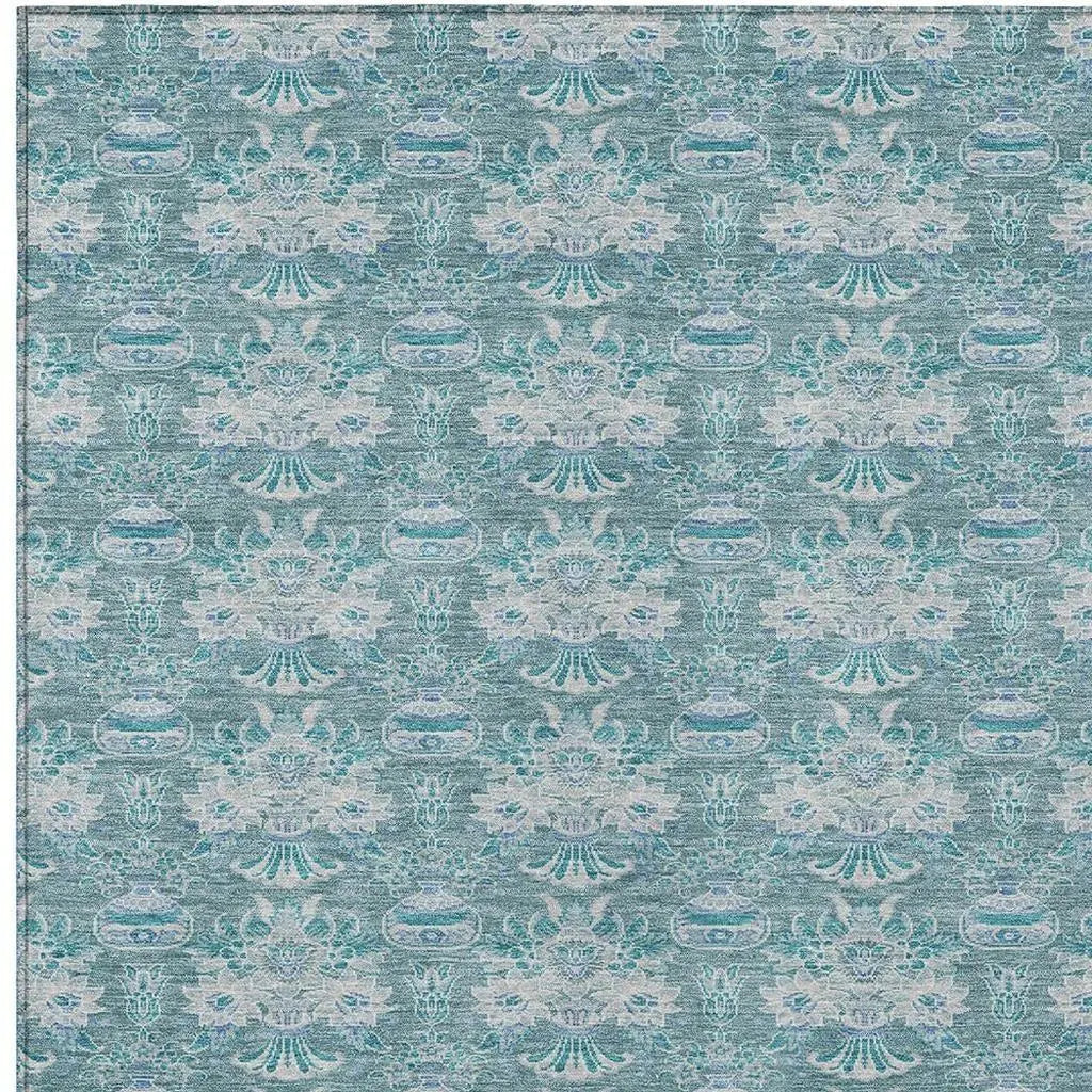 10' X 14' Teal Blue And Green Floral Washable Indoor Outdoor Area Rug Homeroots Outdoor