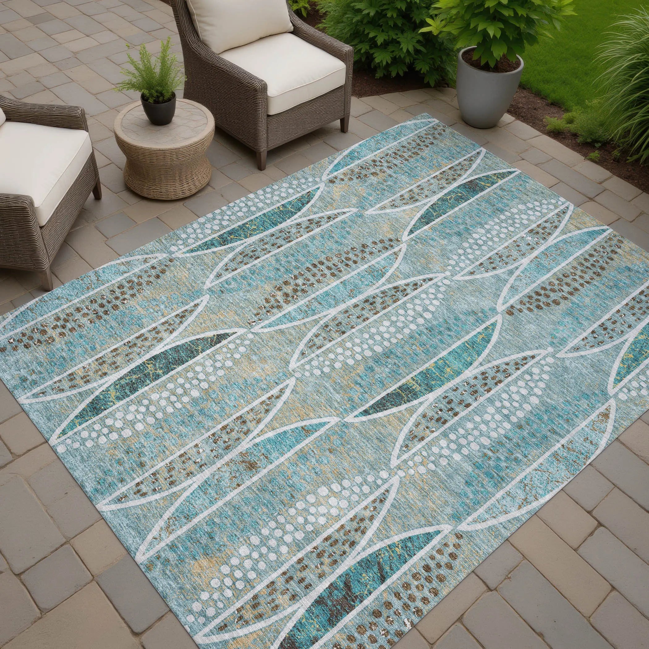 10' X 14' Teal Blue And Green Geometric Washable Indoor Outdoor Area Rug Homeroots Outdoor
