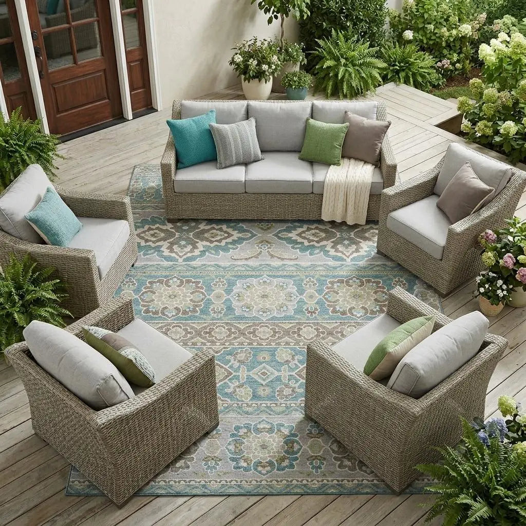 10' X 14' Teal Blue And Green Tribal Washable Indoor Outdoor Area Rug Homeroots Outdoor