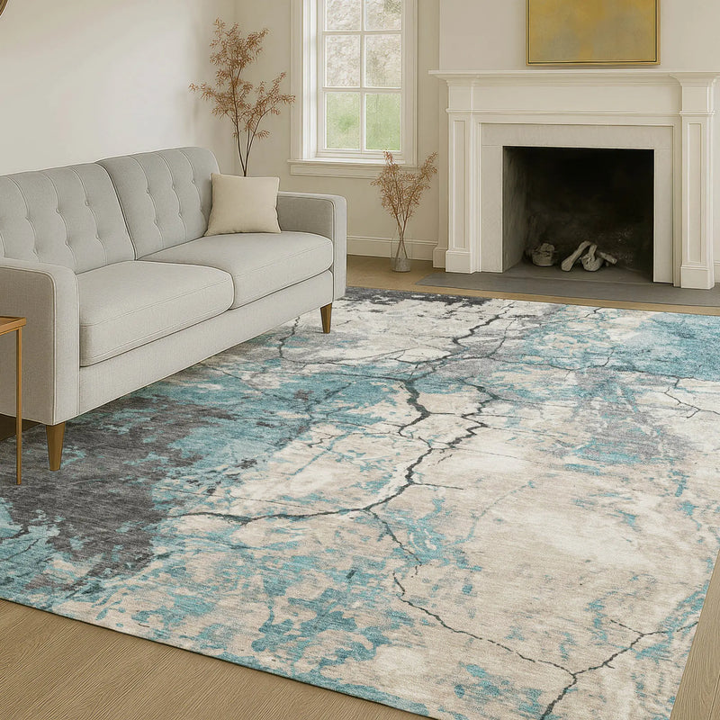 10' X 14' Teal Blue And Ivory Abstract Washable Indoor Outdoor Area Rug Homeroots Outdoor
