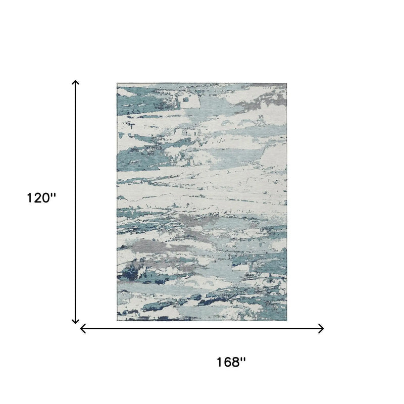 10' X 14' Teal Blue And Ivory Abstract Washable Indoor Outdoor Area Rug Homeroots Outdoor