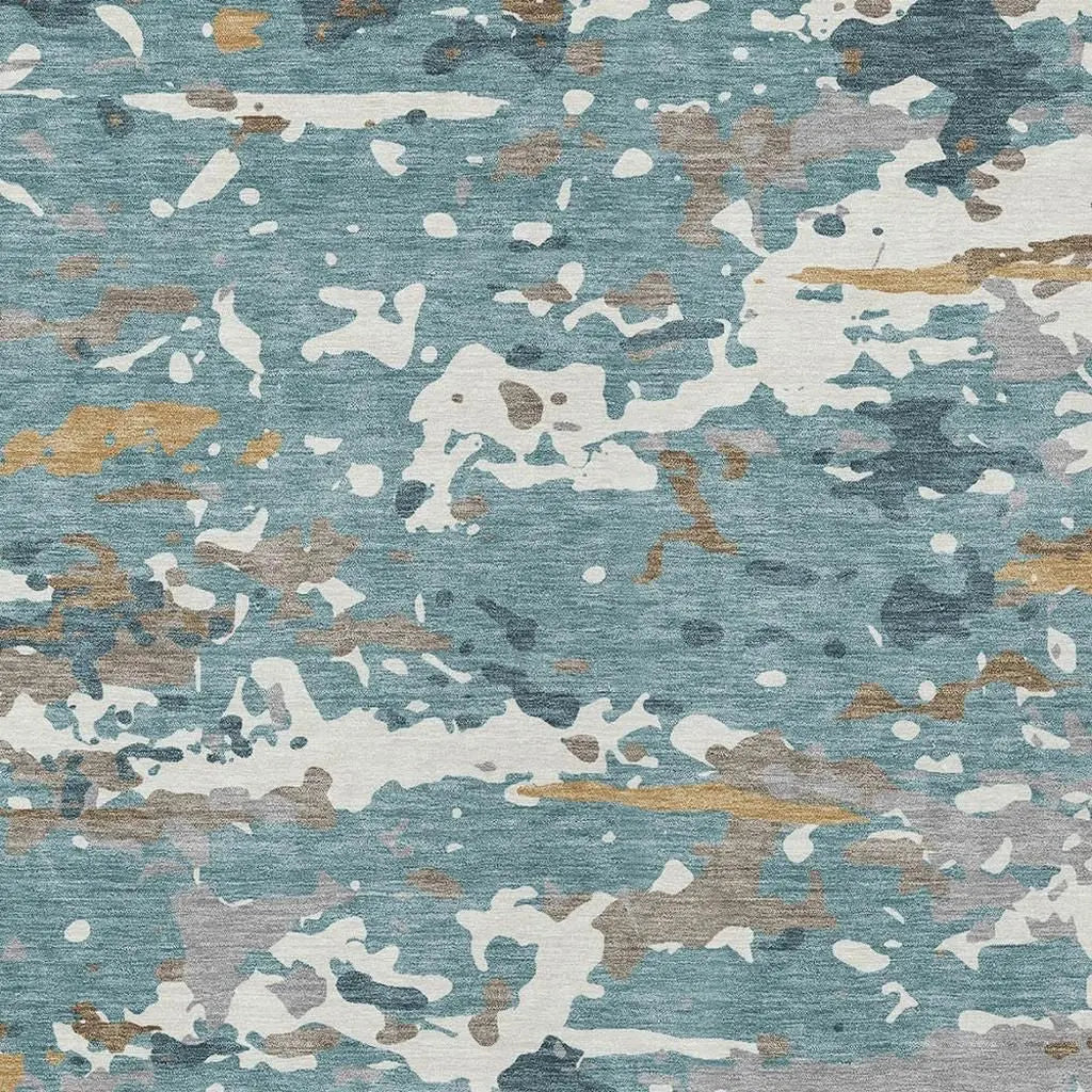 10' X 14' Teal Blue And Ivory Abstract Washable Indoor Outdoor Area Rug Homeroots Outdoor
