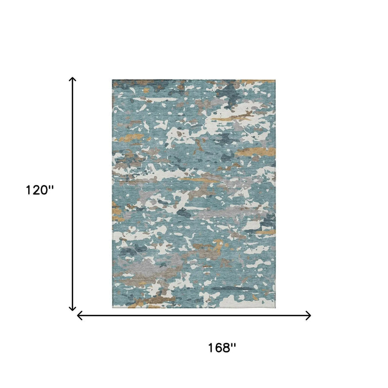 10' X 14' Teal Blue And Ivory Abstract Washable Indoor Outdoor Area Rug Homeroots Outdoor