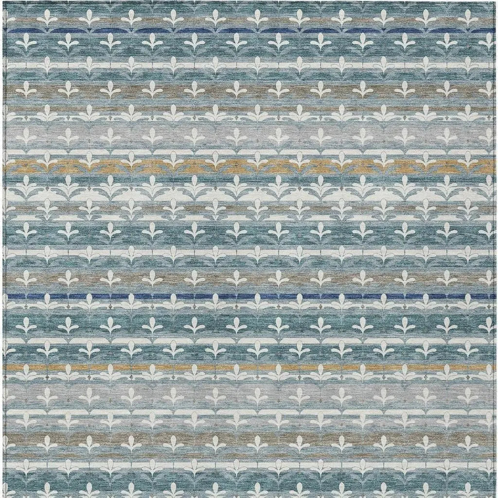 10' X 14' Teal Blue And Ivory Damask Washable Indoor Outdoor Area Rug Homeroots Outdoor