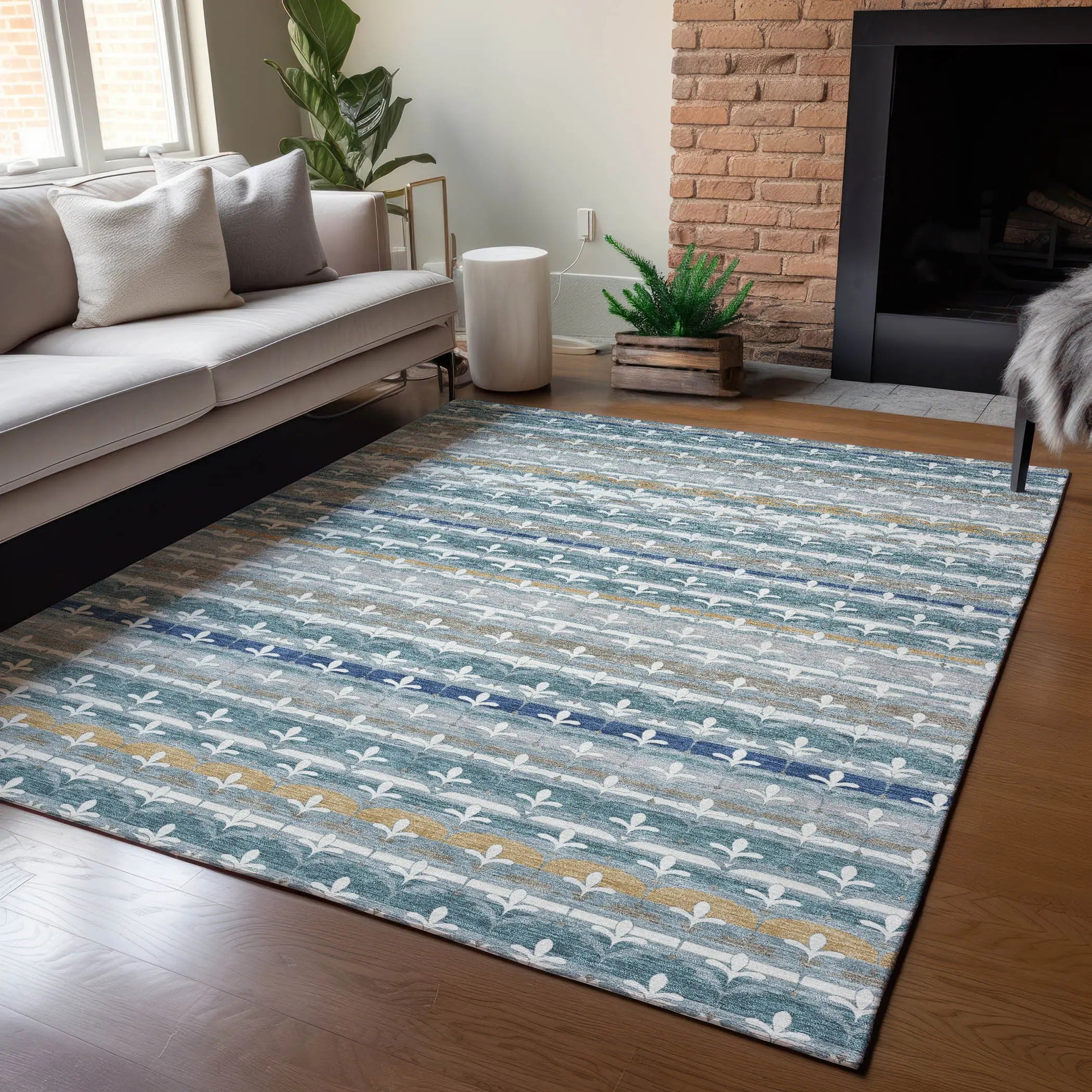 10' X 14' Teal Blue And Ivory Damask Washable Indoor Outdoor Area Rug Homeroots Outdoor