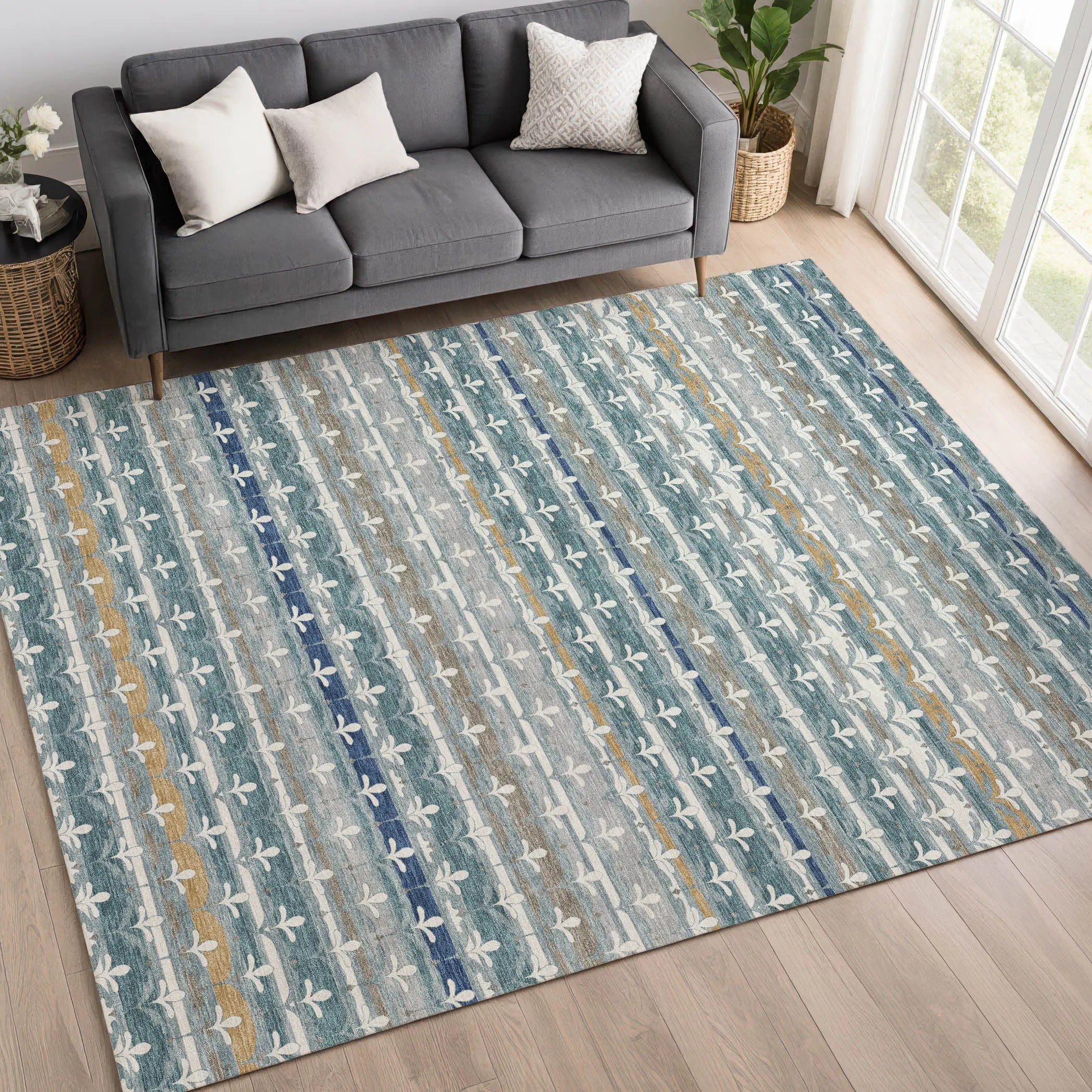 10' X 14' Teal Blue And Ivory Damask Washable Indoor Outdoor Area Rug Homeroots Outdoor